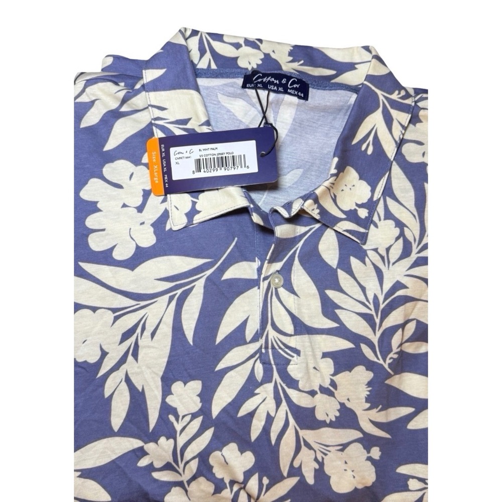 Cotton & Co Men's XL Polo Golf Shirt Blue White Palm Floral Cotton Jersey NWT